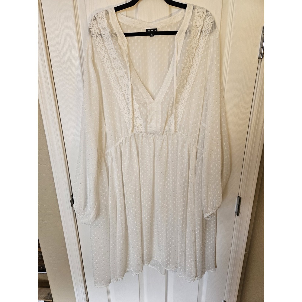 Torrid White Lace V-Neck Front Tie LS Sheer Swiss Dot Babydoll Dress, Plus 6X